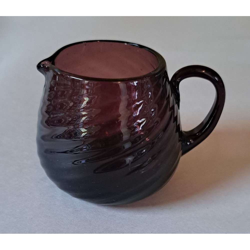 Vintage Amethyst Purple Hand Blown Art Glass Swirl Optic Mini Pitcher Creamer